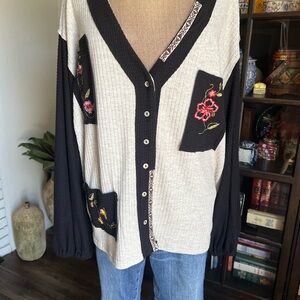 POL- Embroidered Black and Heather Grey Cardigan Sweater